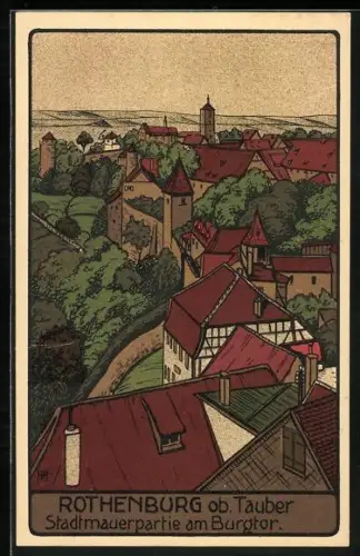 Steindruck-AK Rothenburg ob der Tauber, Stadtmauerpartie am Burgtor