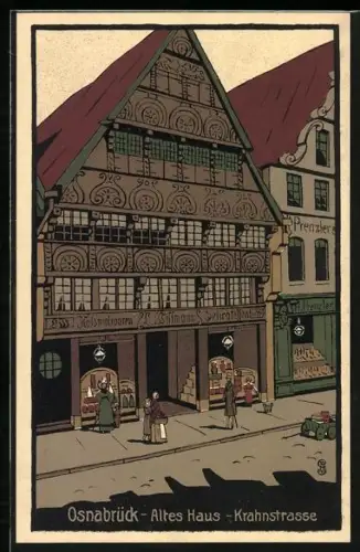 Steindruck-AK Osnabrück, Altes Haus in der Krahnstrasse, mit Kolonialwarengeschäft