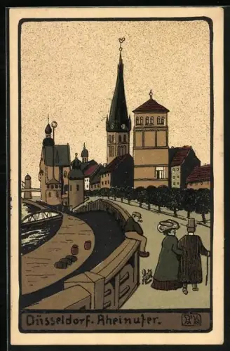 Steindruck-AK Düsseldorf, Rheinufer, Strassenpartie mit Mauer, Kirche, Turmgebäuden, Rheinblick