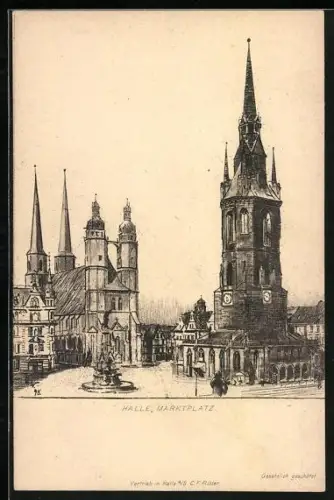 Künstler-AK Halle, Marktplatz mit Brunnen und Kirchen aus der Vogelschau