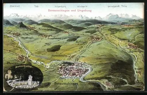 Künstler-AK Eugen Felle: Donaueschingen, Donauquelle, Gesamtansicht mit Umgebung