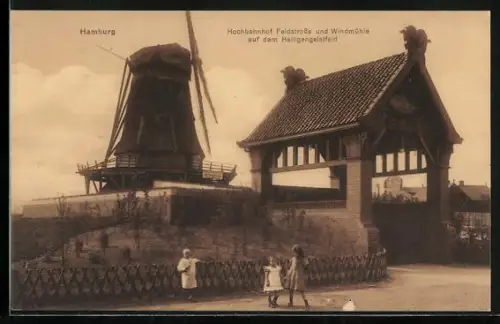 AK Hamburg-St.Pauli, Heiligengeistfeld, Hochbahnhof Feldstrasse und Windmühle, Kinder
