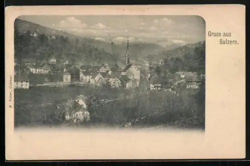 AK Sulzern, Ortsansicht mit Bergpanorama aus der Vogelschau
