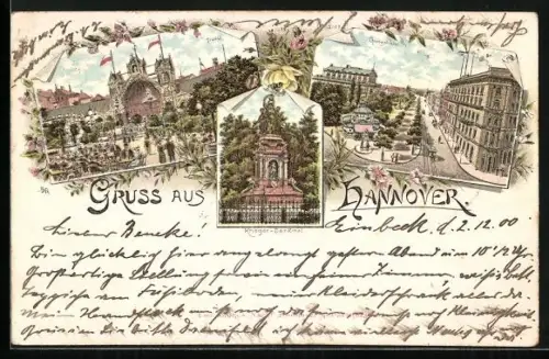 Lithographie Hannover, Etablissement Tivoli, Kriegerdenkmal und Georgstrasse