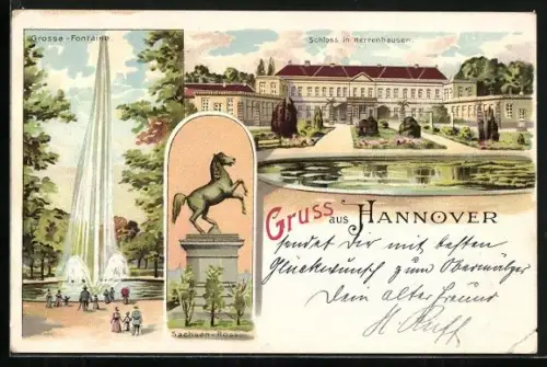 Lithographie Hannover, Schloss in Herrenhausen, Sachsen-Ross, Grosse Fontaine
