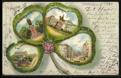 Passepartout-Lithographie Hannover, Theater, Kriegerdenkmal, Ernst-August-Denkmal, Karmarschstrasse, Kleeblatt