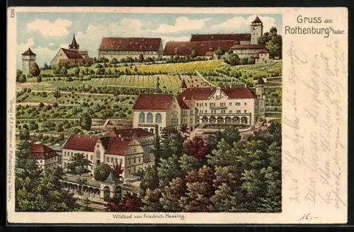 Lithographie Rothenburg / Tauber, Hotel Wildbad