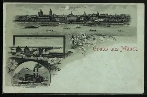 Mondschein-Lithographie Mainz, Strassenbrücke, Rheindampfer, Mainz von Castel gesehen