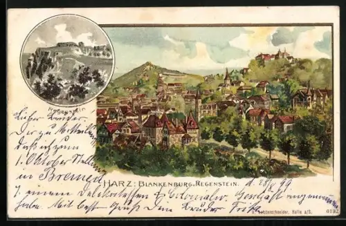Lithographie Blankenburg / Harz, Blick zum Ort, Burgruine Regenstein