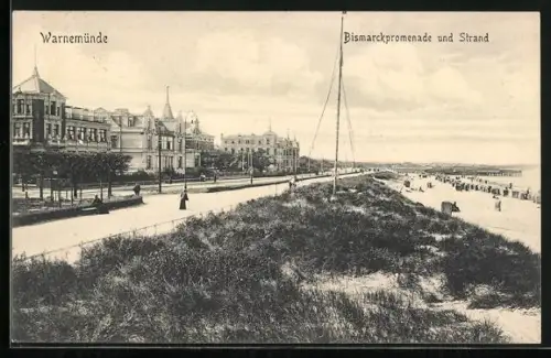 AK Warnemünde, Bismarckpromenade und Strand, Panorama