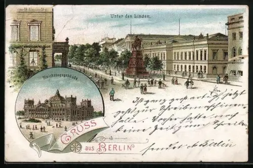Lithographie Berlin-Tiergarten, Unter den Linden, Reichtagsgebäude