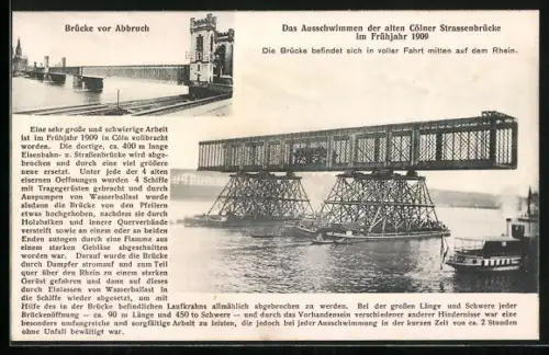 AK Köln, Ausschwimmen der alten Cölner Strassenbrücke 1909, Brücke vor dem Abbruch