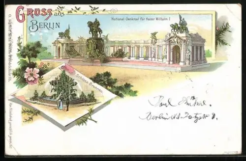 Lithographie Berlin, National-Denkmal für Kaiser Wilhelm I., Schloss-Brunnen