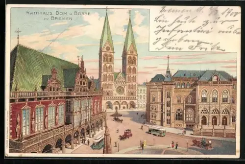 Lithographie Bremen, Rathaus-Dom und Börse mit Strassenbahn