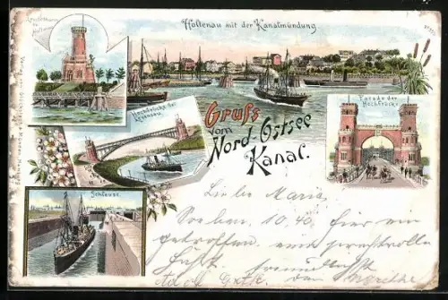 Lithographie Holtenau, Leuchtturm, Hochbrücke, Schleuse, Kanalmündung