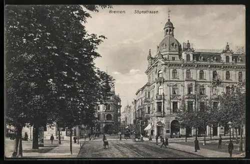 AK Bremen, Sögestrasse, Kreuzung mit Turm- u. Kuppelgebäude