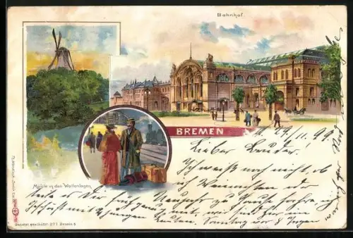 Lithographie Bremen, Mühle in den Wallanlagen, Bahnhof