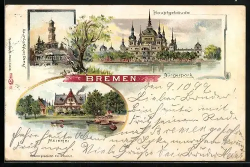 Lithographie Bremen, Hauptgebäude, Bürgerpark, Meierei, Aussichtsturm