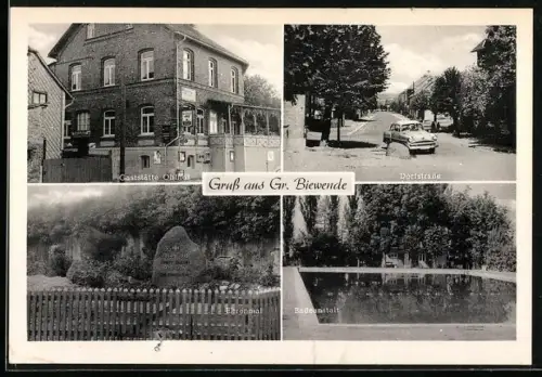 AK Gr. Biewende, Gasthaus Ohlhof, Dorfstrasse, Ehrenmal, Badeanstalt