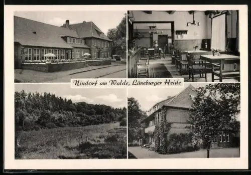AK Nindorf am Walde /Lüneb. Heide, Gasthaus-Pension Zum braunen Hirsch H. Matthies, Gebäude- u. Innenansichten