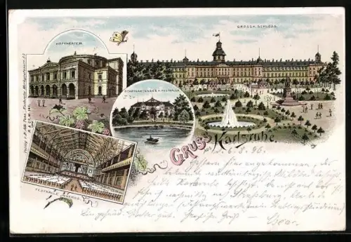 Lithographie Karlsruhe, Hoftheater, Stadtgartensee und Festhalle, Grossh. Schloss
