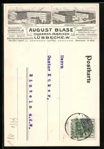 Lithographie Lübbecke /W., Cigarren-Fabriken August Blase in Lübbecke u. Goldramstein, Gebäude, Bestellung