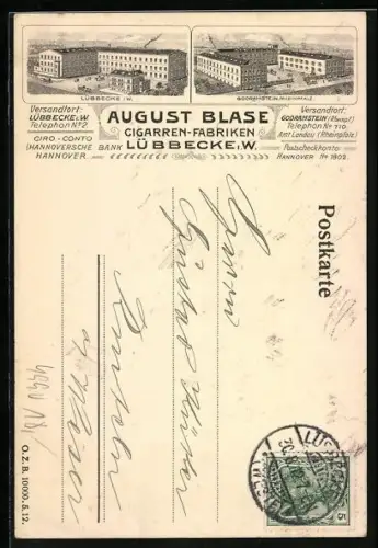 Lithographie Lübbecke /W., Cigarren-Fabriken August Blase in Lübbecke u. Goldramstein, Gebäudeansichten, Bestellung