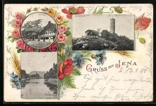 Lithographie Jena, Forsthaus, Fuchsturm, Paradies, Rosen, Mohn- u. Kornblumen