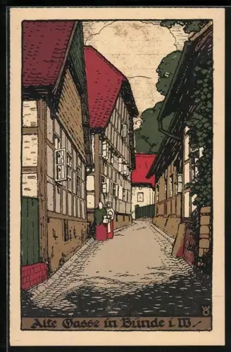 Steindruck-AK Bünde i. W., Alte Gasse mit Fachwerkhäusern, Strassenpartie