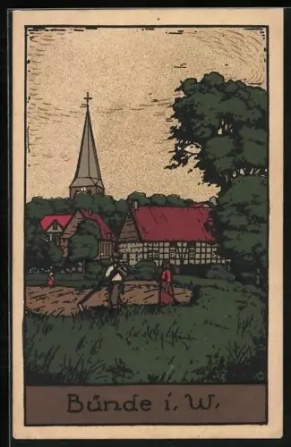 Steindruck-AK Bünde i. W., Ortspartie mit Landarbeitern und Kirche
