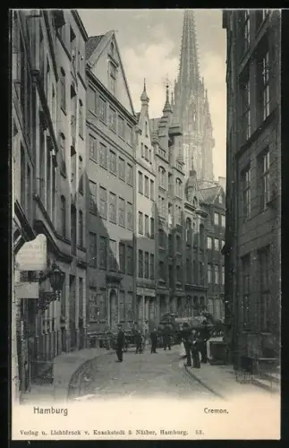 AK Alt-Hamburg, Cremon-Strasse mit Geschäften und Kirchturm