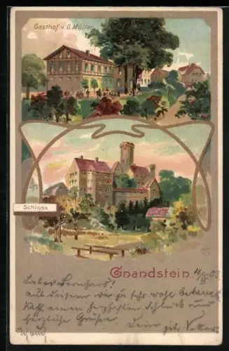 Lithographie Gnandstein, Gasthof v. G. Müller, Schloss