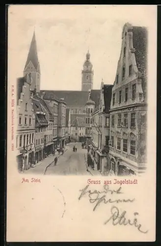 AK Ingolstadt, Am Stein, Strassenpartie mit Geschäften und Türmen aus der Vogelschau