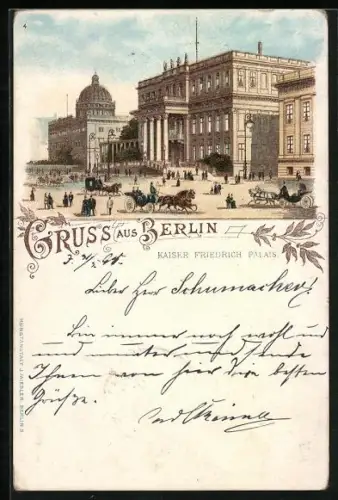Lithographie Berlin, Kaiser Friedrich Palais mit Platz, Kutschen, Kuppelgebäude