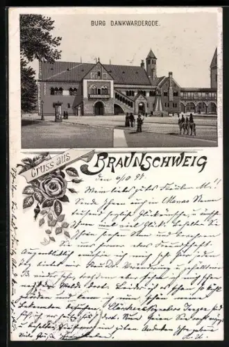 Lithographie Braunschweig, Burg Dankwarderode, Panorama mit Vorplatz und Brückengebäude