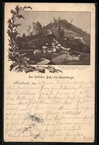 Künstler-AK Karlsruhe, Am südlichen Fusse des Lauterbergs, Ortsansicht mit Turm u. Ruine, Stechpalmenzweig