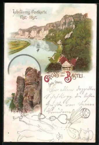 Lithographie Rathen, Basteifelsen und Blick auf den Fluss