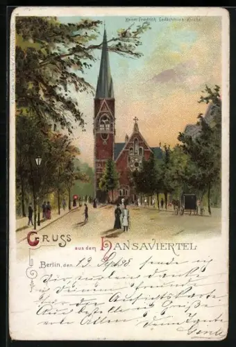 Lithographie Berlin, Kaiser Friedrich Gedächtnis-Kirche im Hansaviertel
