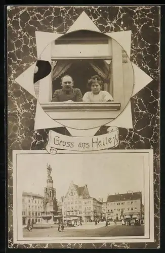 Foto-AK Halle i. S., Platz mit Säulendenkmal, Paar in einem Fenster, Stern-Rahmen