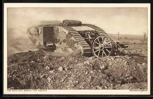 AK The Tank That Broke The Ranks, britischer Mark I Panzer im Angriff
