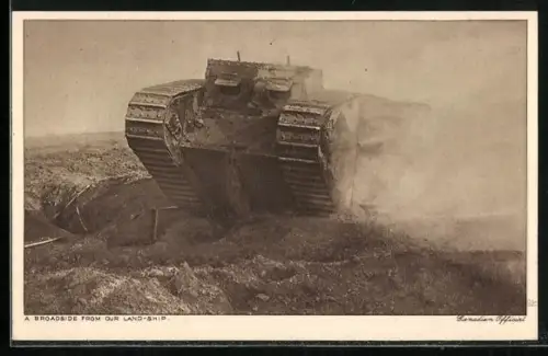 AK A Broadside From Our Land-Ship, britischer Panzer Mark I feuert Geschütz ab