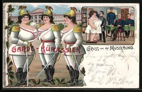 AK Drei Frauen in Garde-Kürassier-Uniformen, Musterung