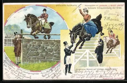 Lithographie Barnum and Bailey Limited, Grösste Schaustellung der Erde, Kunstreiter, Pony, Irische Jagdpferde