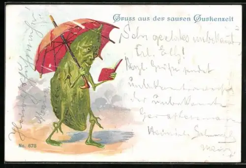 AK Vermenschlichte Gruke mit Regenschirm bei stürmischem Regen, Metamorphose