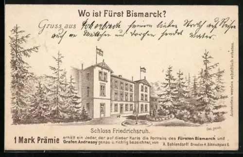 AK Friedrichsruh, Schloss Friedrichsruh, Wo ist Fürst Bismarck ?, optische Täuschung