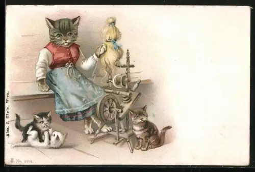 Lithographie Katze am Spinnrad