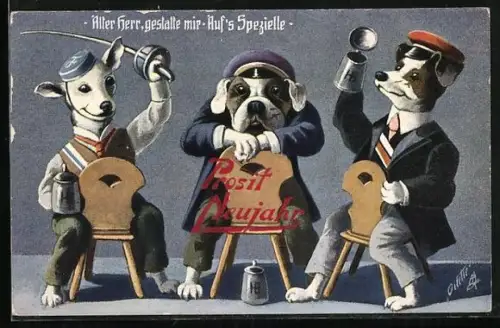 AK Drei vermenschlichte Hunde in Studentenuniformen mit Bierkrug und Schläger