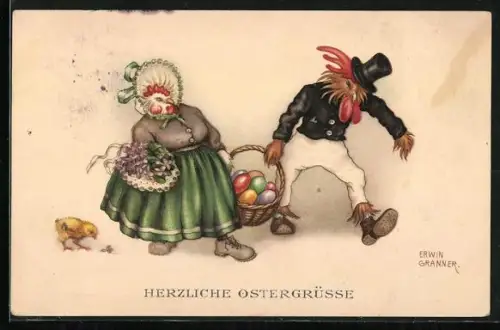 Künstler-AK sign. Erwin Granner: Hahn und Henne in Kleidung überbringen Ostergrüsse