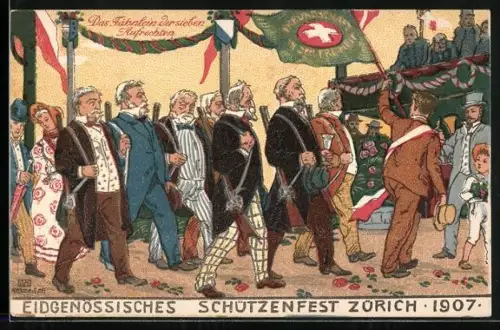 AK Zürich, Eidgenossisches Schützenfest 1907, Fähnlein d. sieben Hufrechten
