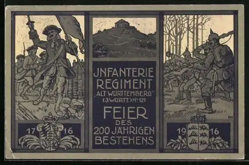 AK 200-Jahrfeier 1716-1916 des Infanterie-Regiments Alt Württemberg 3. Württ. Nr. 121